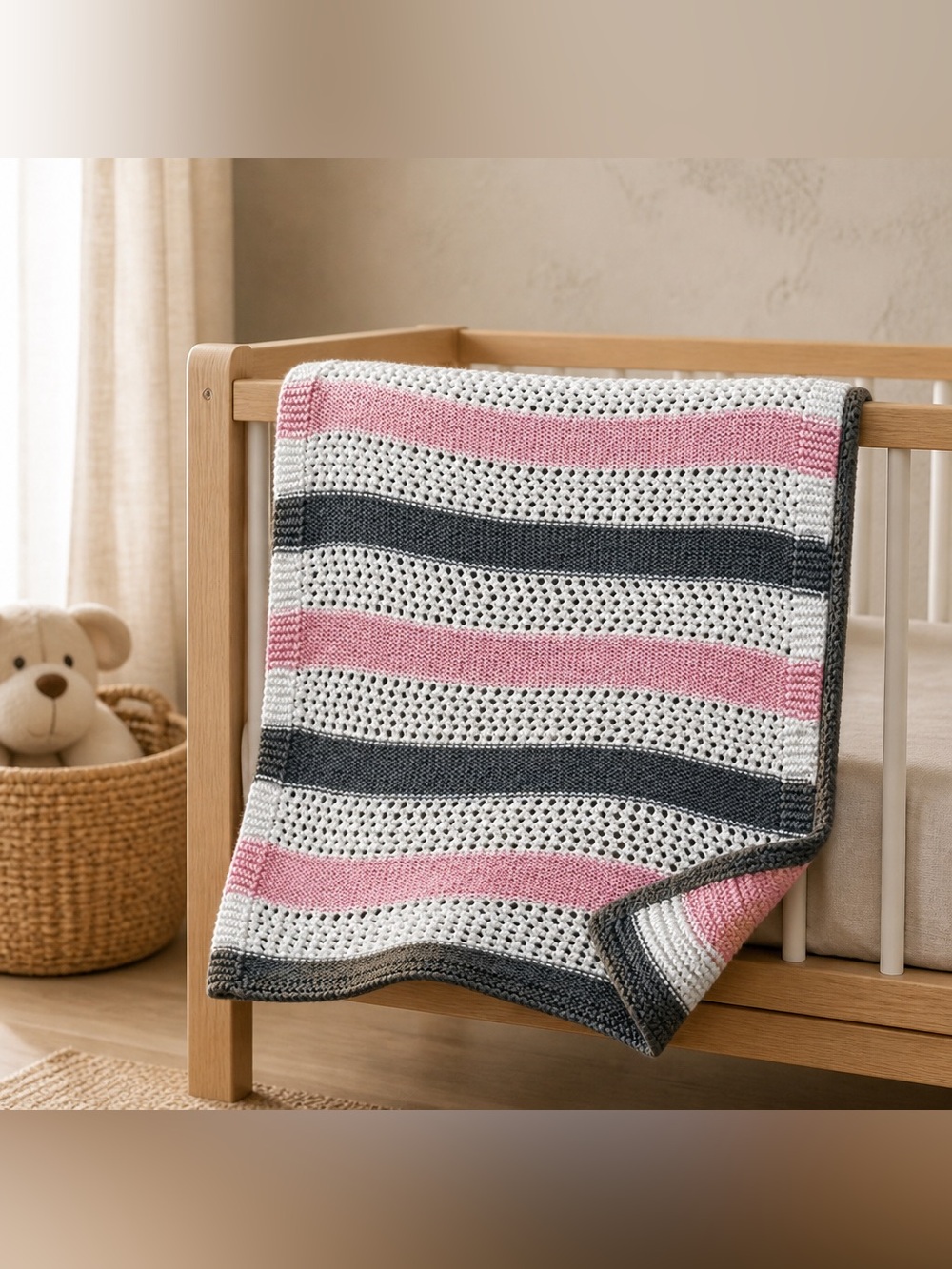 Striped Knit Baby Blanket in Pink, White & Charcoal